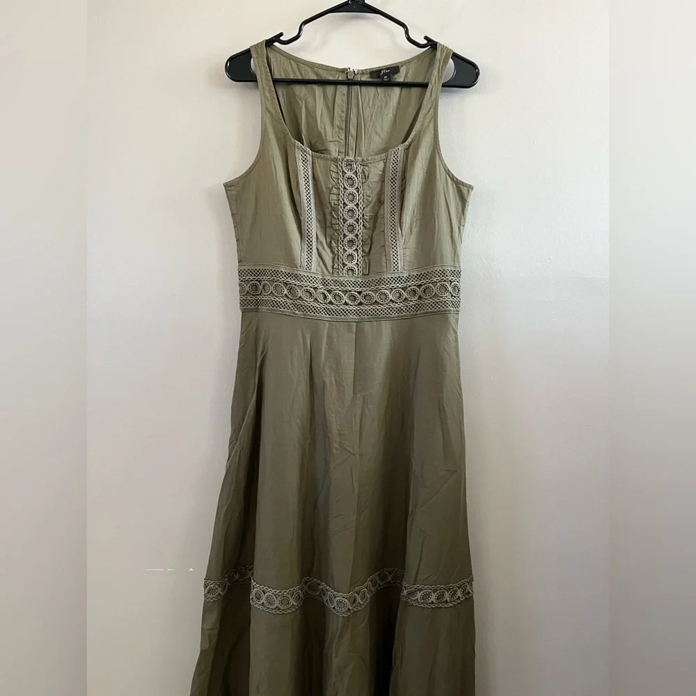 J. Crew Olive Green Midi Dress with Lace Trim
